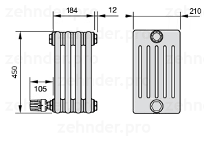 Схема (чертеж) Радиатор Zehnder Charleston 6045/4 №V004 Белый глянцевый RAL 9016